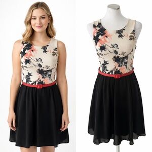 Style Rack Floral Fit & Flare Mini Dress Cream Pink Black Belted Size S Mint